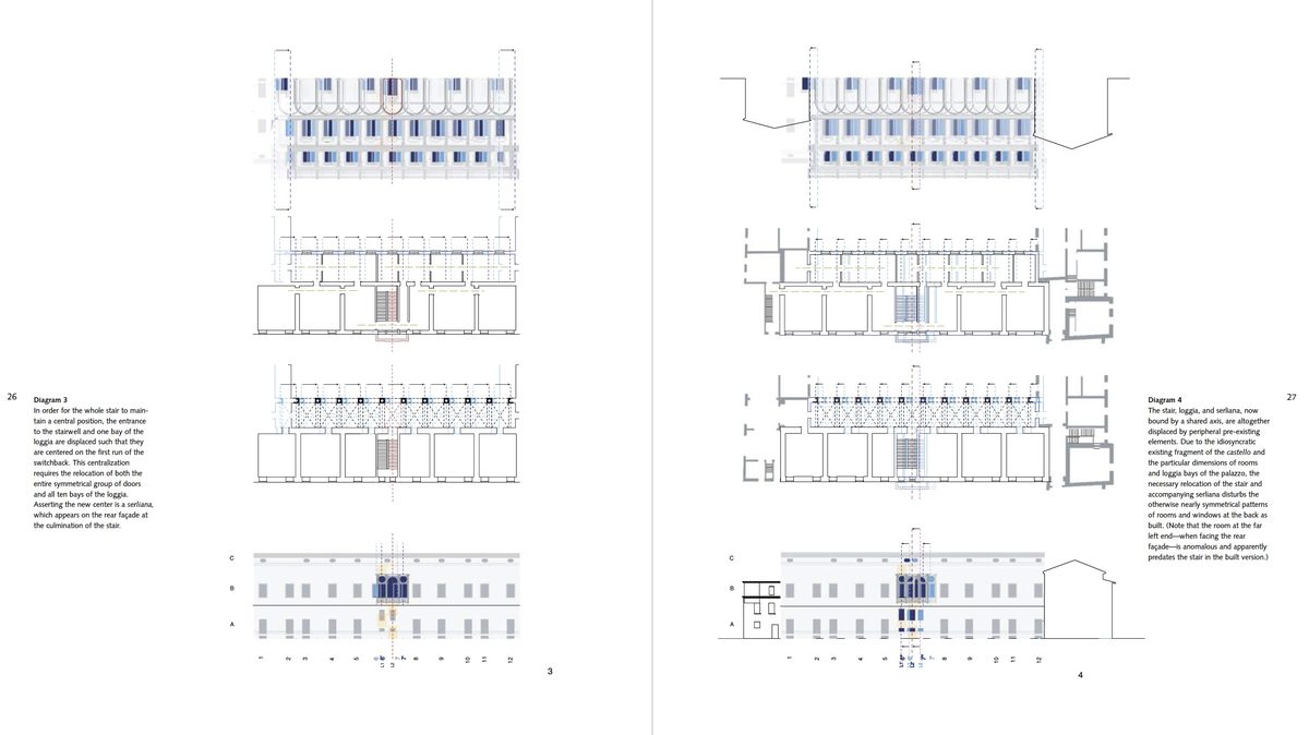 Portfolio spread showing sequential facade analysis diagrams that build from observation to interpretation