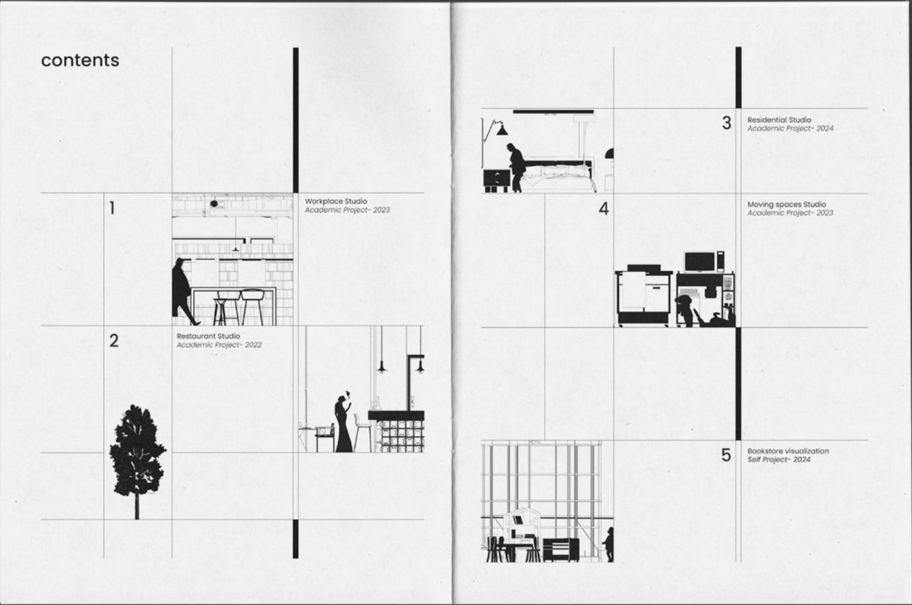 Illustrated section grid TOC example — two-page spread with vignette columns and project metadata