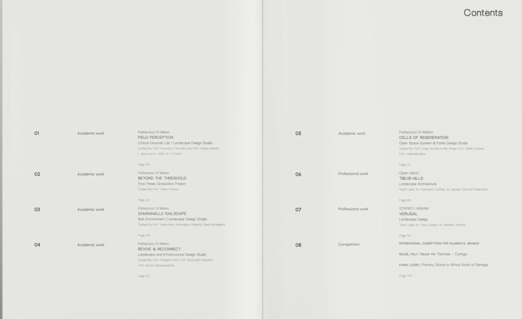 Multi-column text index TOC example — three-column typographic layout with cascading metadata hierarchy