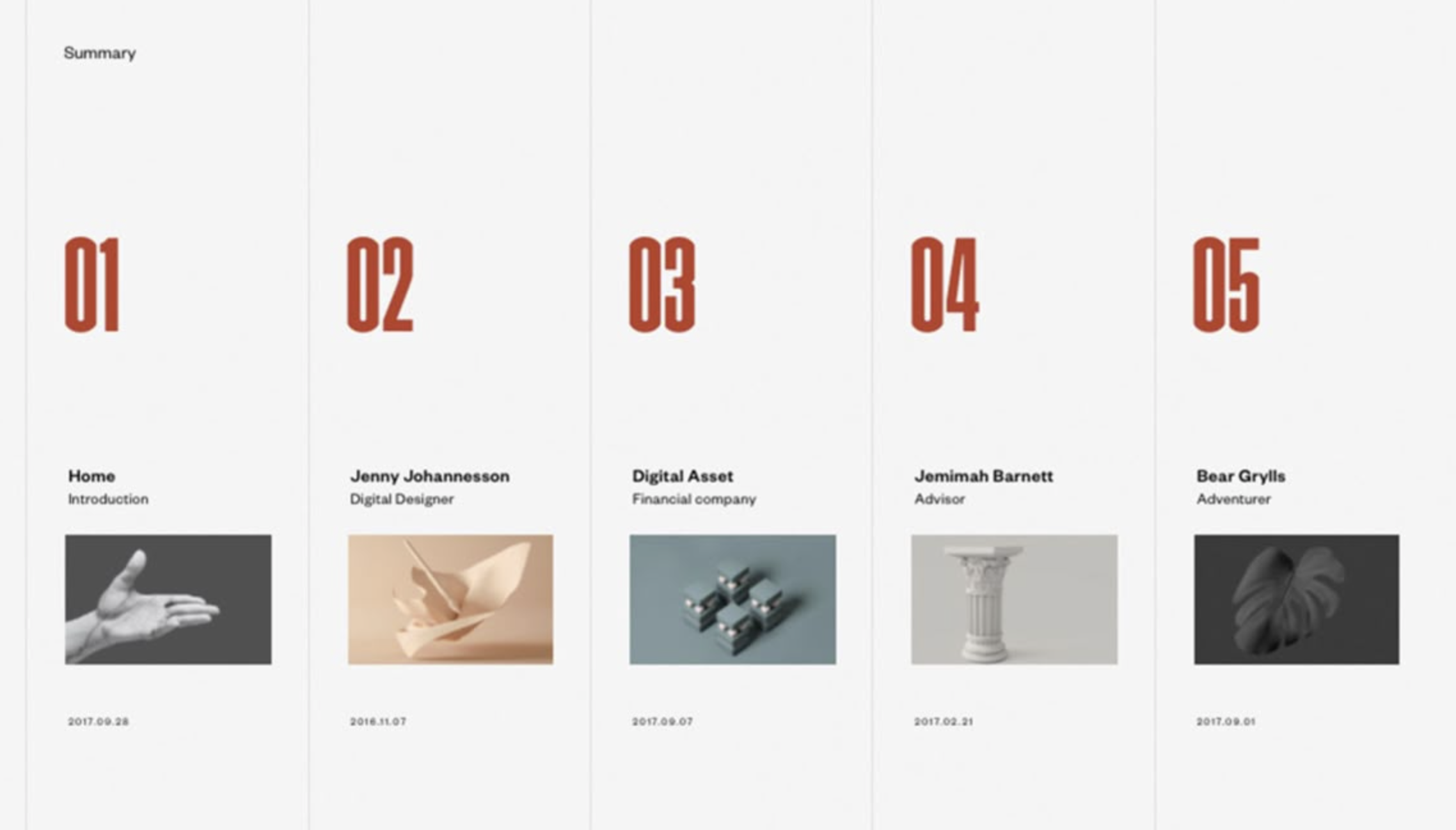 Bold number column cards TOC example — vertical card columns with oversized red numbers and thumbnails