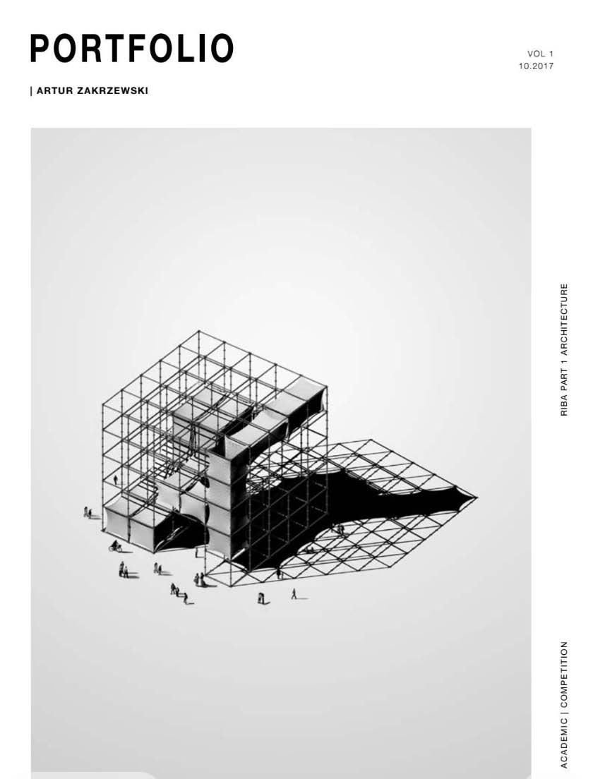 Bleed image portfolio cover example — architectural rendering bleeding to edges with bold typographic band below