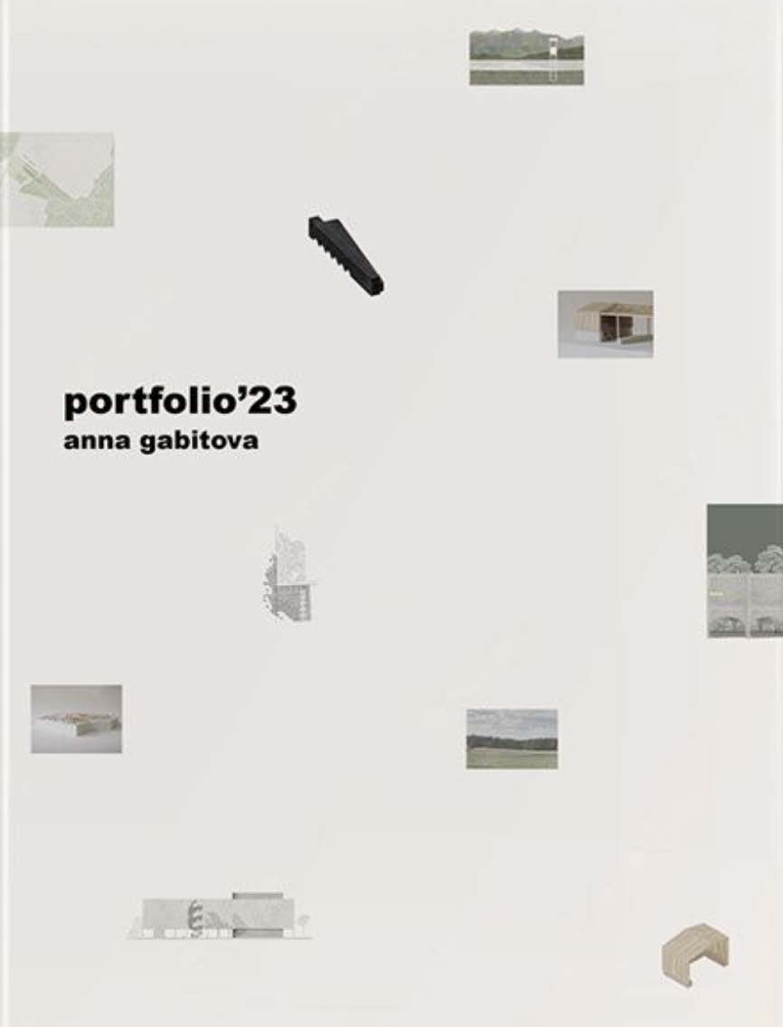 Scattered collage portfolio cover example — multiple project thumbnails distributed across the page at varying scales