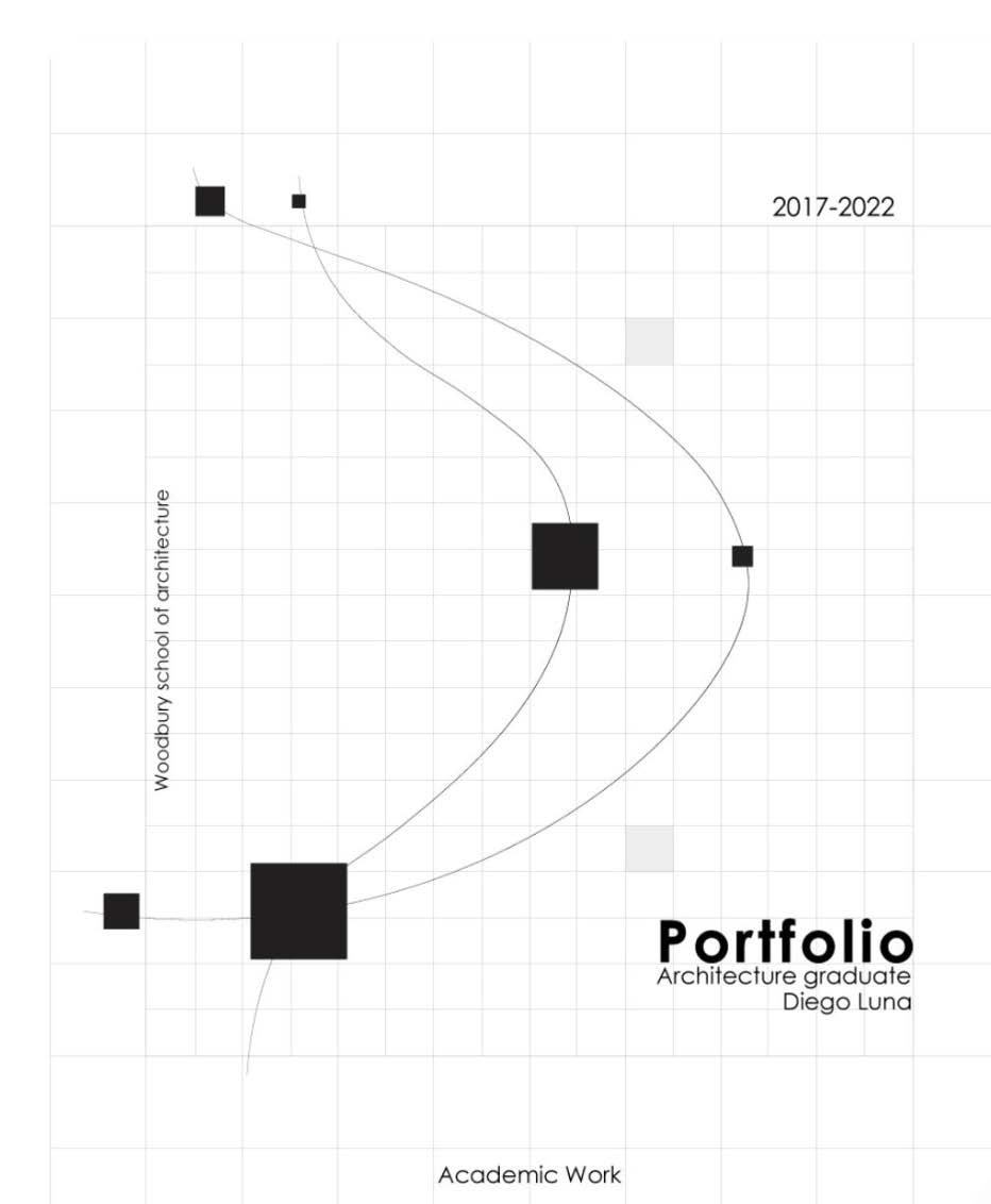 Abstract line portfolio cover example — sweeping curves and geometric squares with text in quiet zone